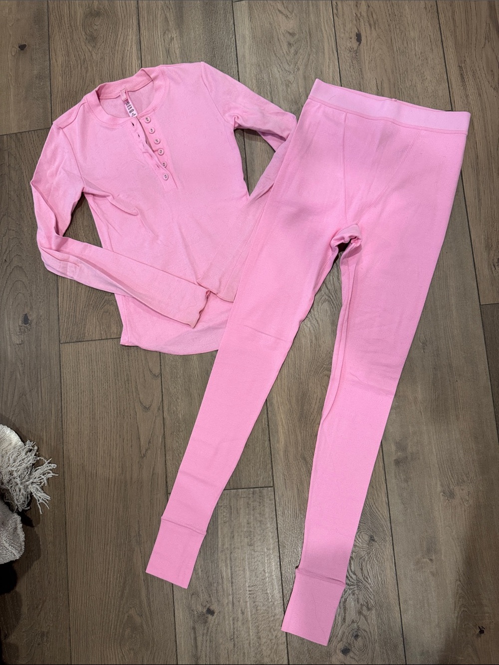 Skims Bubblegum Pink Thermal Henley Top & Cotton Pointelle Legging Set